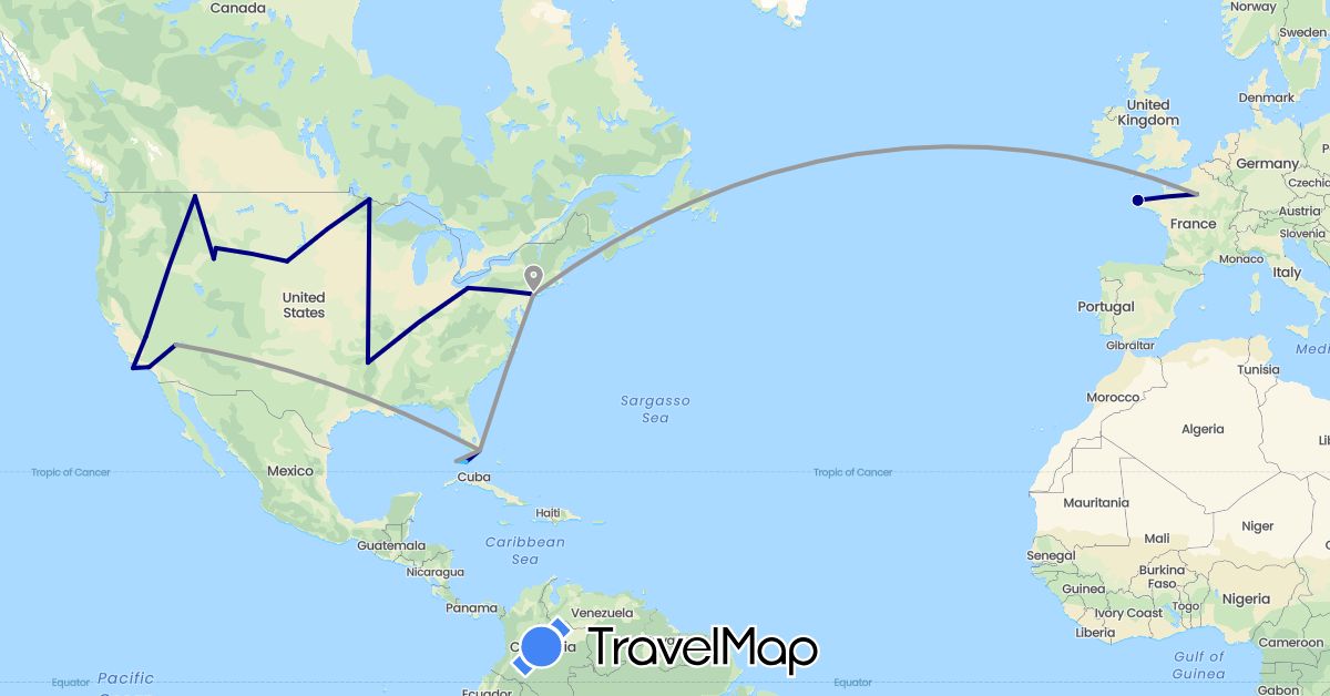 TravelMap itinerary: driving, plane, boat in France, United States (Europe, North America)